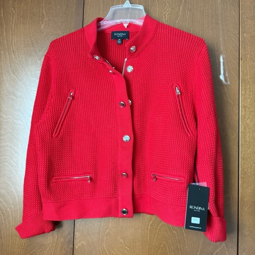 Rondina New York Red Waffle Weave Snap & Zip Front Red Cardigan NWT XL Ret $275